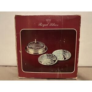 Regal Silver Shell Embossed Coasters Rubber Back 3 5/8" Diameter In Box Vintage